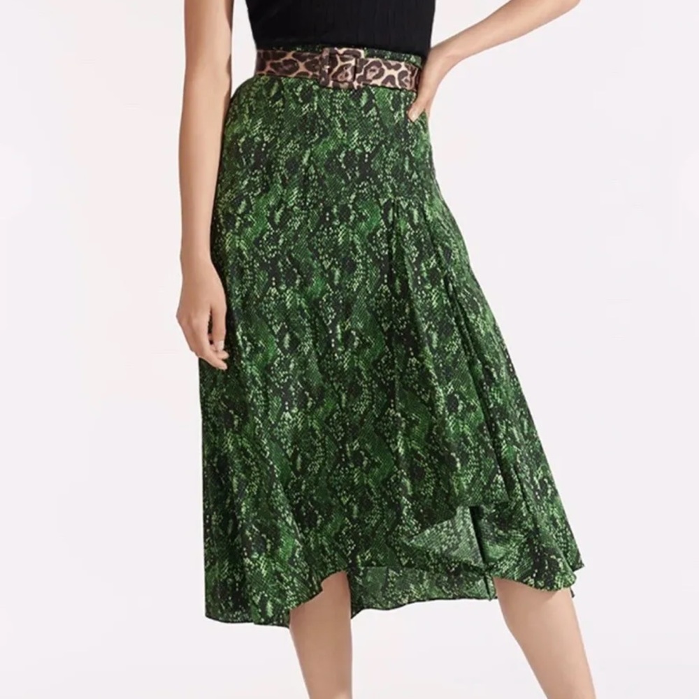 VERONICA BEARD SIZE 12 RAMOS GREEN PHYTON SNAKE PRINT MIDI SILK SKIRT